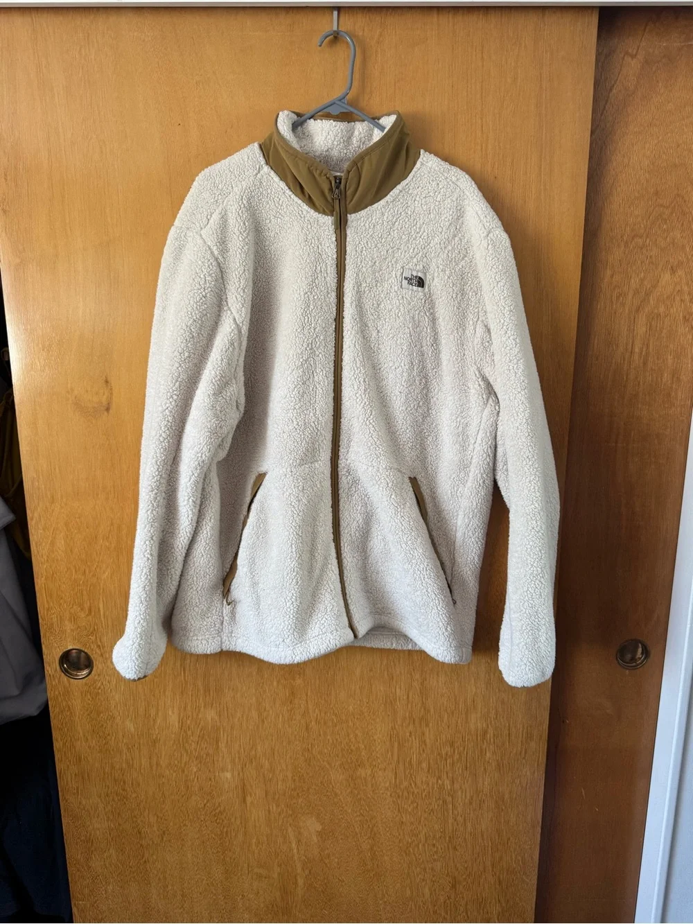 The North Face Cream Sherpa Fleece Jacket with Olive Trim